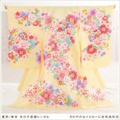 夏用 単衣 お宮参り 産着レンタル 女の子 mjh7011 赤ちゃん着物  涼しい 薄手 お食い初め ベビー よだれかけ帽子セット 祝着 高級産着 かわいい「さわやかなイエローに吉祥流彩花」|夏用（単