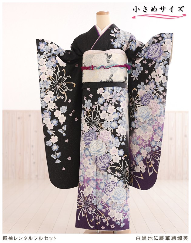 成人式　振袖　セット　白　黒　グラデーション 成人式 振袖 セット 白 黒 グラデーション 振袖】白/黒・牡丹・鶴 | 二十歳