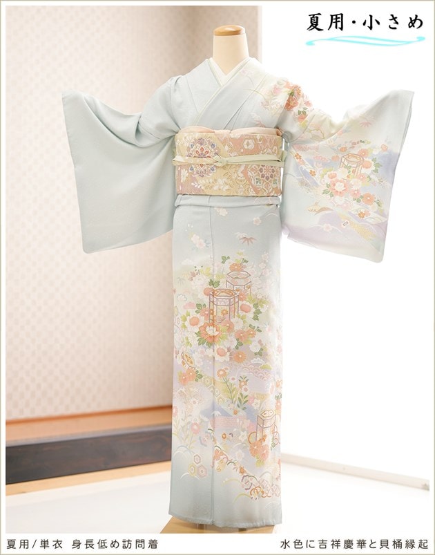 盛夏用着物　（正絹居敷当て付き）　　アメンボ　身丈（肩から）157.5㎝ 夏用150cm対応小さいサイズ訪問着レンタル｜涼しい単衣タイプ結婚式や