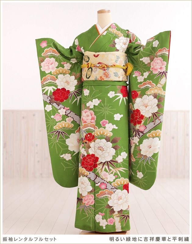 新年の晴れ姿　着物　緑 振袖／幸せ開く／緑 | 振袖レンタル·購入や成人式の着付けは「きもの