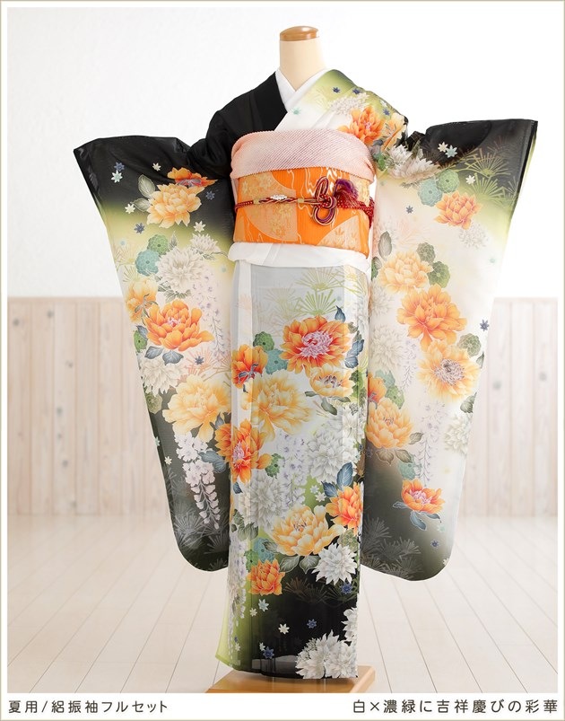 yellowです　　オレンジ色 蝶刺繍 夏着物希少　絽振袖 夏用振袖フルセットレンタル。絽タイプの振り袖、夏の成人式・結婚式