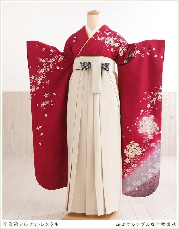 卒業式 袴セット 赤 亀甲に桜梅菊(絹)(R1774) レンタル 大学生 振袖袴 RR1773 卒業式 袴セット 赤 亀甲に桜梅菊(絹)(R1774) レンタル 大学生 振袖