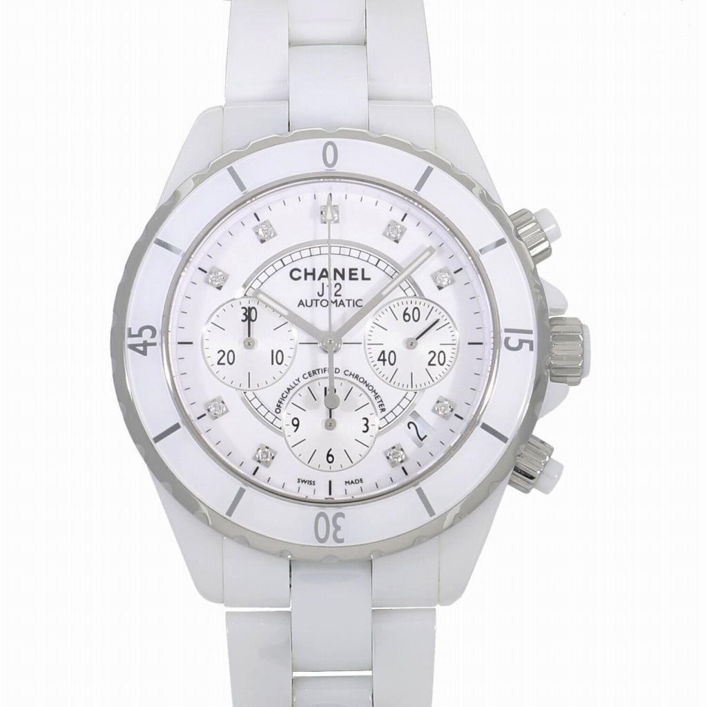[中古]シャネル J12 クロノグラフ ホワイト セラミック H2009 ホワイト×9Pダイヤ メンズ