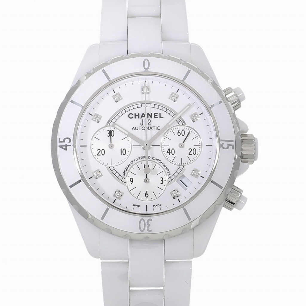 [中古]シャネル J12 クロノグラフ ホワイト セラミック H2009 ホワイト×9Pダイヤ メンズ