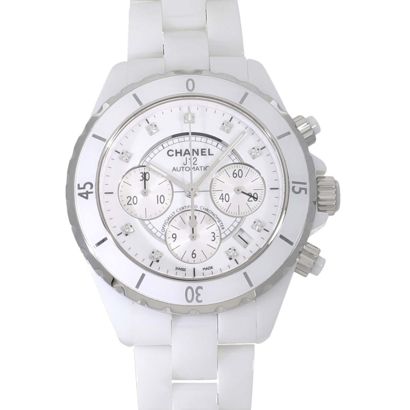 [中古]シャネル J12 クロノグラフ ホワイトセラミック H2009 ホワイト×9Pダイヤ メンズ