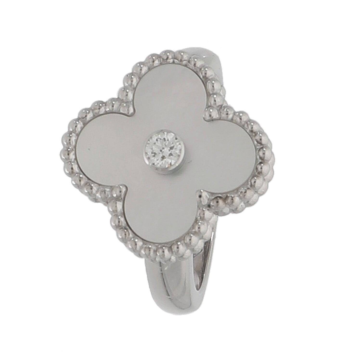 [中古]ヴァンクリーフ&アーペル ヴィンテージ アルハンブラ リング ホワイトマザーオブパール×ダイヤモンド VCARF489