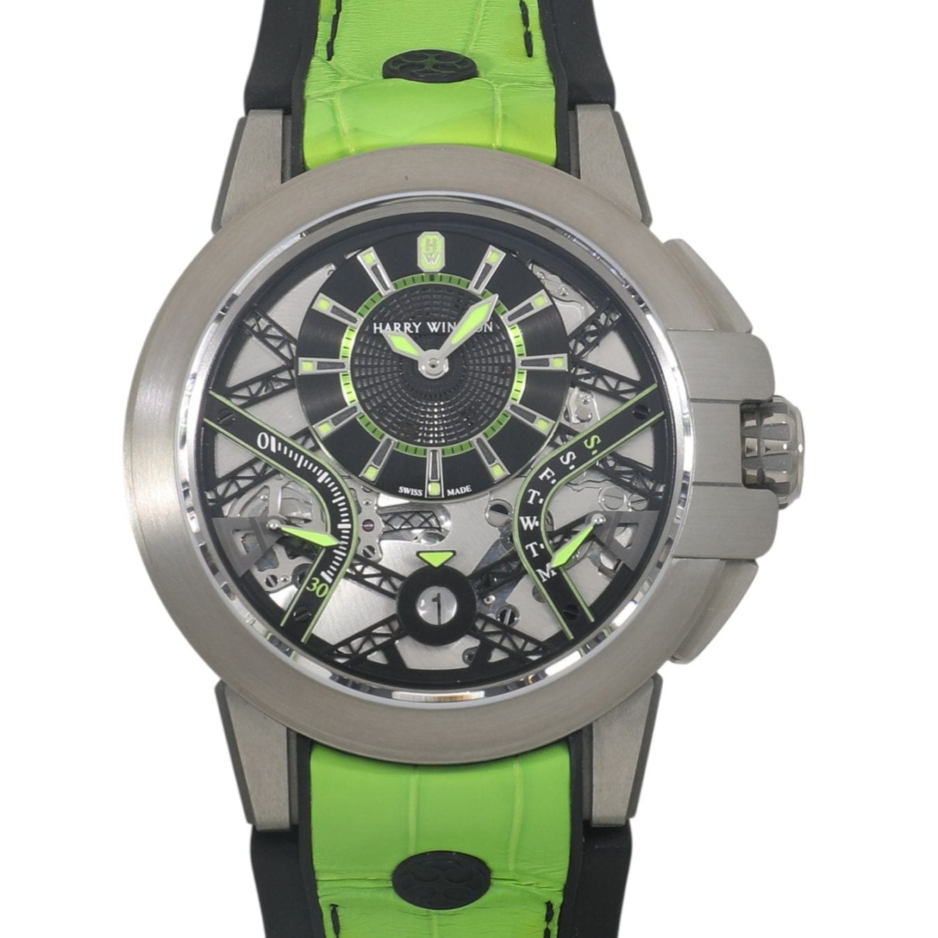 [中古]ハリーウィンストン オーシャン ザリウム バリエーション ネオングリーン／ブラック 世界限定50本 OCEABI42ZZ005 スケルトン メンズ