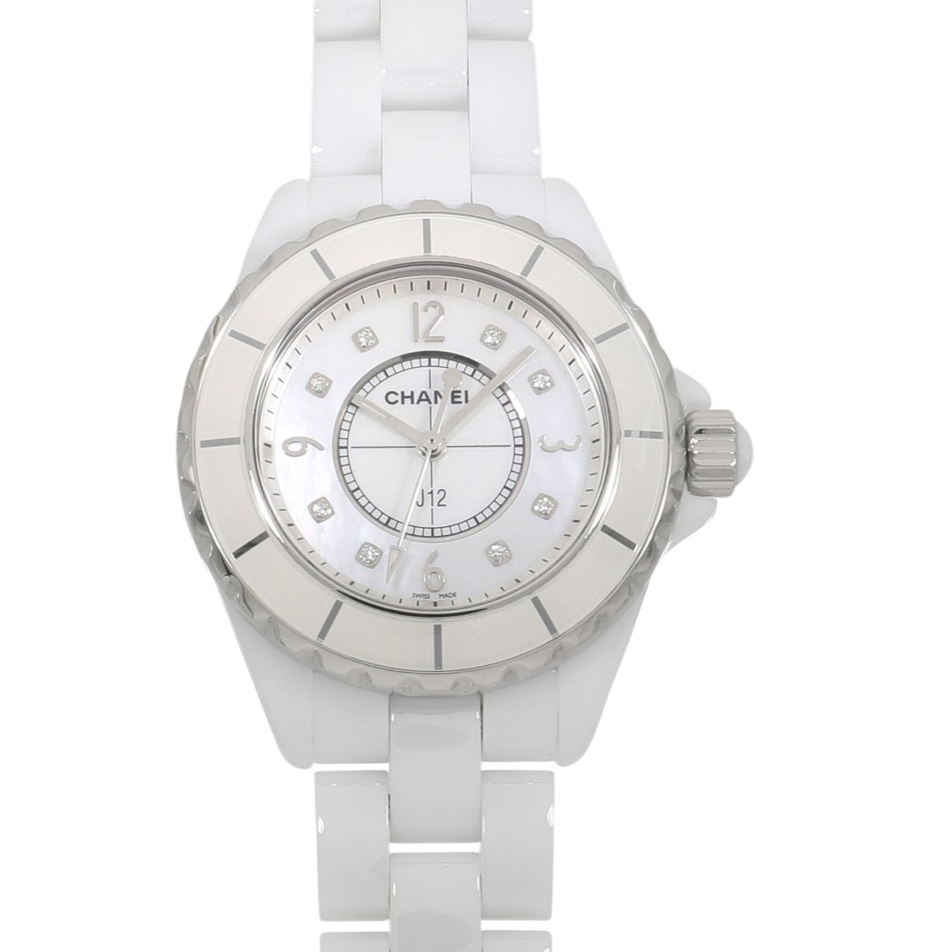 [中古]シャネル J12 ホワイト セラミック H2422 ホワイト シェル×8Pダイヤ レディース