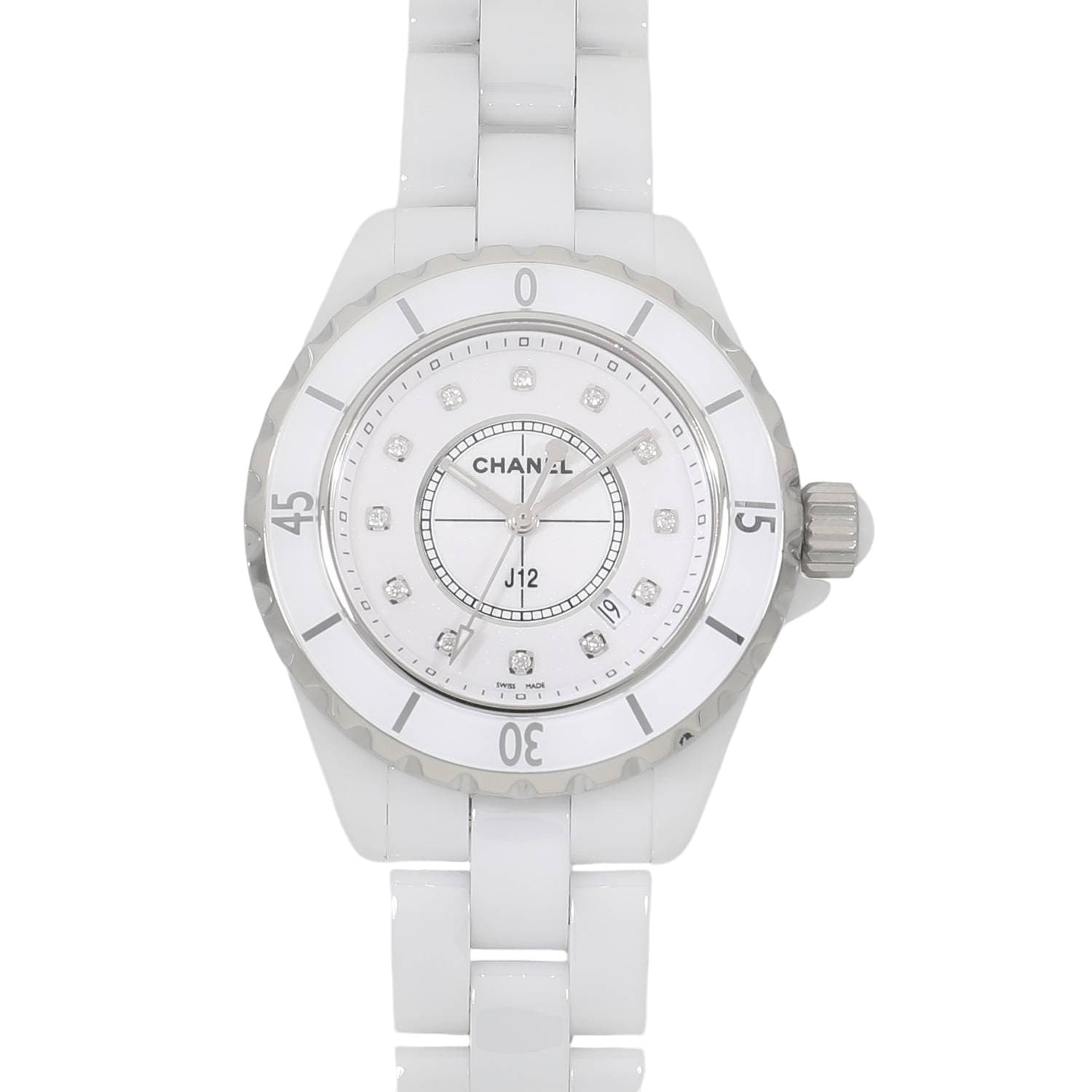 [中古]シャネル J12 ホワイトセラミック 33MM H1628 ホワイト×12Pダイヤ レディース