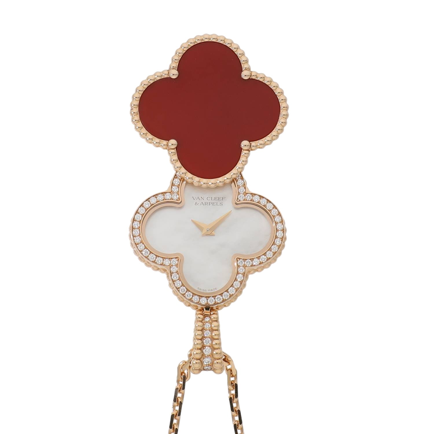 [中古]ヴァンクリーフ&アーペル アルハンブラ シークレット ペンダント ウォッチ ベゼル ダイヤモンド VCARO8ZV00 ホワイトシェル レディース