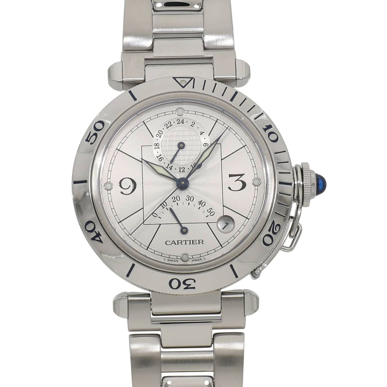 [中古]カルティエ パシャ ドゥ カルティエ 38ミリ GMT パワーリザーブ W31037H3 シルバー メンズ