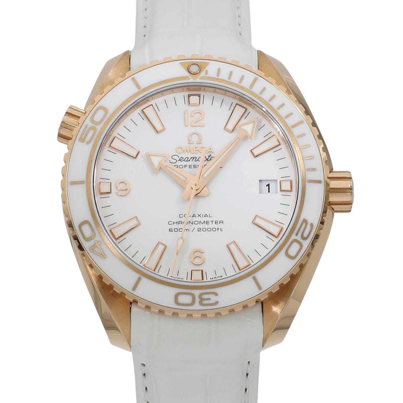 [新品]オメガ シーマスター プラネット オーシャン 600M コーアクシャル クロノメーター セラゴールド サンモリッツ 232.63.42.21.04.001 ホワイト メンズ