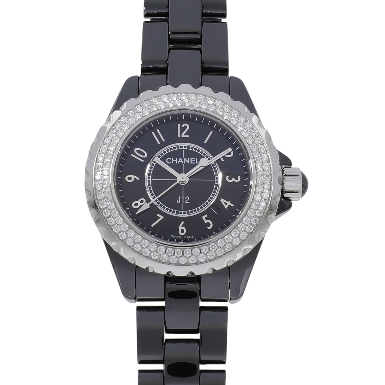 [中古]シャネル J12 ブラック セラミック 33MM ベゼル ダイヤモンド H0949 ブラック レディース