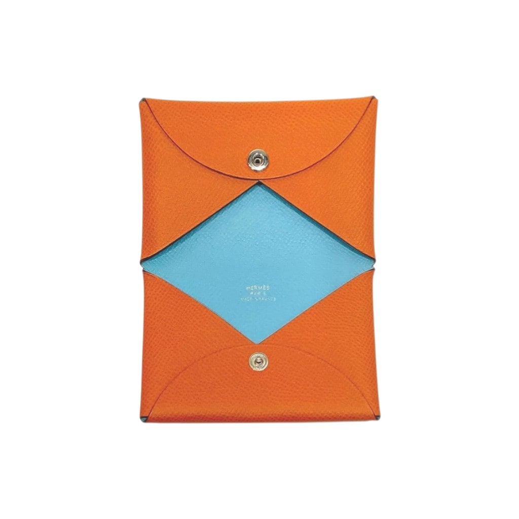 [中古]エルメス カルヴィ ヴェルソ ヴォーエプソン オレンジ×セレスト（ライトブルー） シルバー金具 