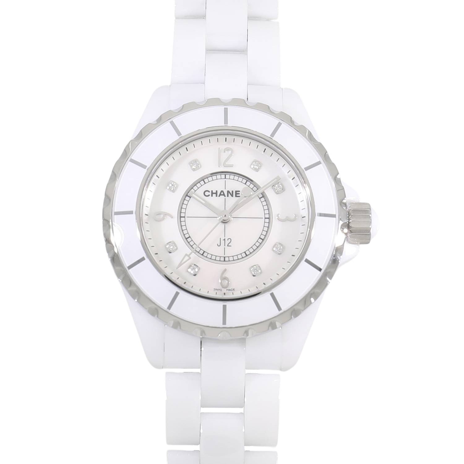 シャネル J12 H2422 CE ホワイトシェル文字盤 8Pダイヤモンド クオーツ レディース腕時計【中古】 CHANEL - シャネル J12 H2422 CE ホワイトシェル文字盤 8Pダイヤモンド