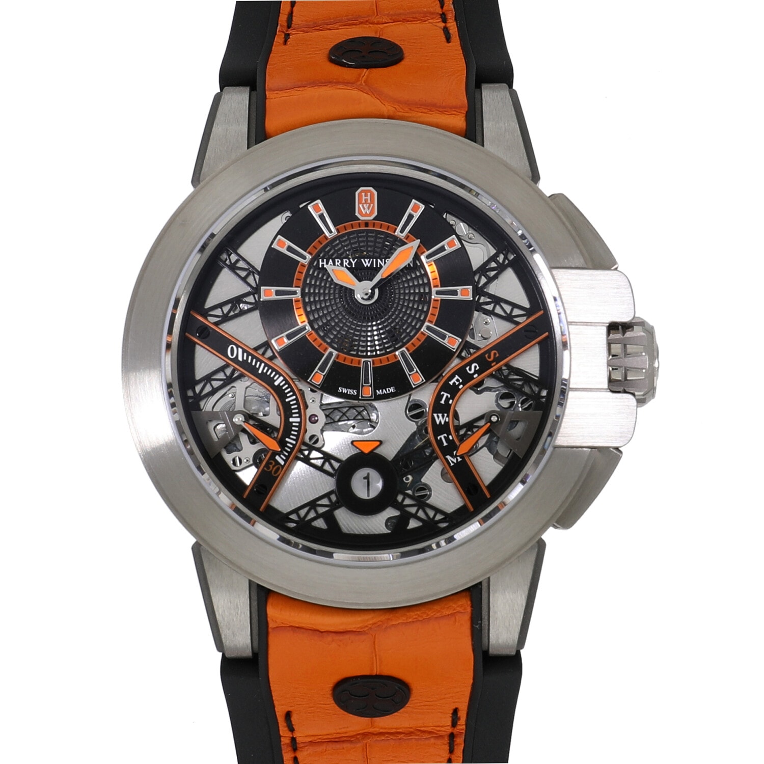 HARRY WINSTON ハリーウィンストン オーシャン ザリウム バリエーション オレンジ 世界100本限定 OCEABI42ZZ003 デイデイト 100ｍ防水 スケルトン ザリウム 純正ベルト 純正尾錠 メンズ 自動巻き【6ヶ月保証】【腕時計】【中古】 H7161 | [中古]ハリーウィンストン オーシャン ザリウム