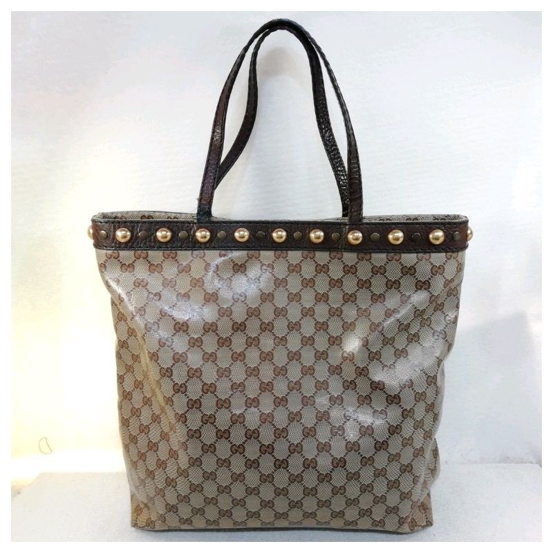 中古】グッチ スタッズ トートバッグ ブラウン×PVCレザー  