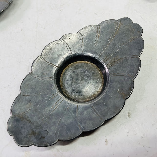 中古】朱石梅制 錫茶托 5客 葉形 在銘 茶道具 中国茶器 唐物 極上品