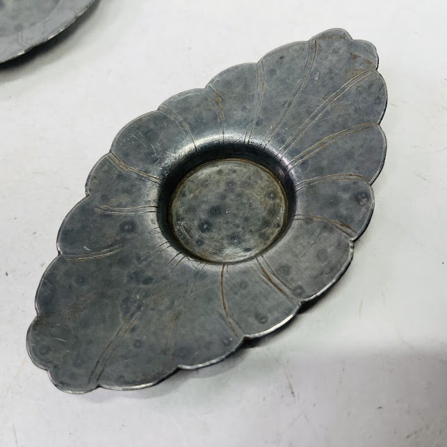 中古】朱石梅制 錫茶托 5客 葉形 在銘 茶道具 中国茶器 唐物 極上品