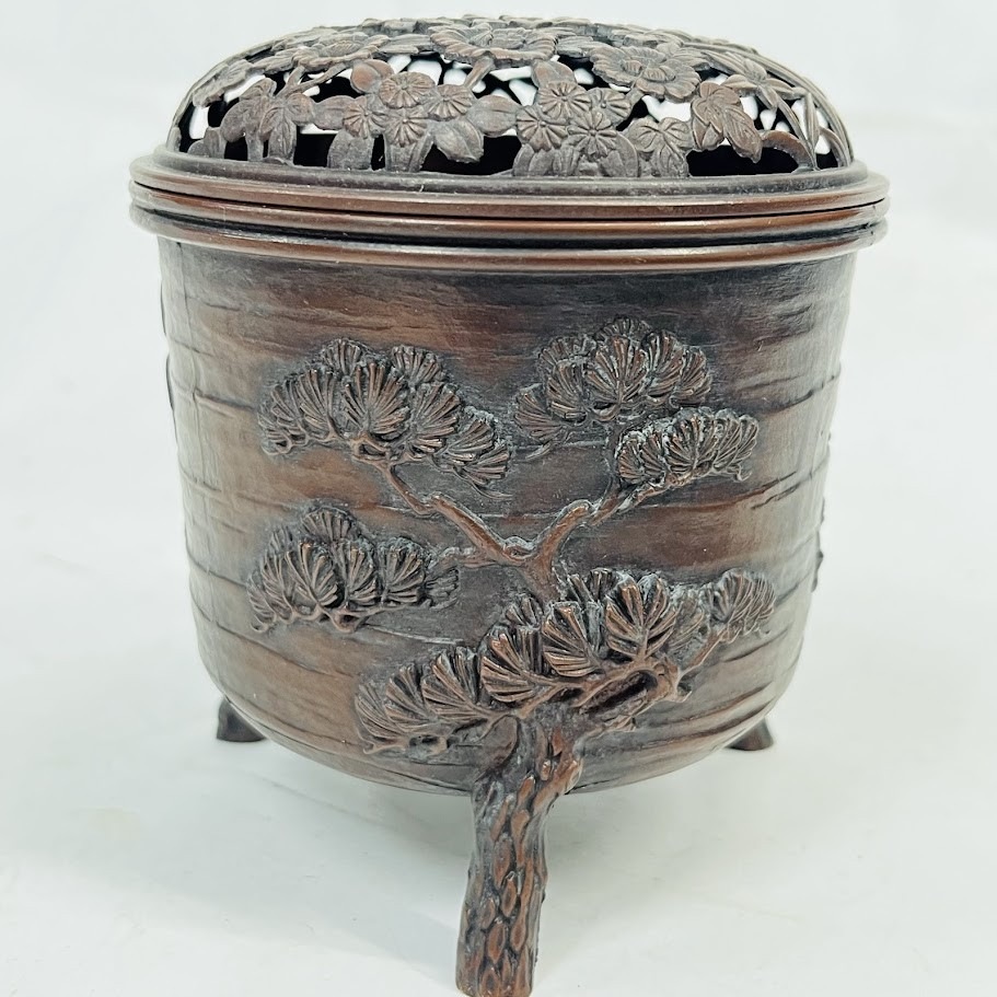 中古】香炉 松竹梅 銅製 三つ足 精山作 茶道具 高岡銅器 花透かし 金属