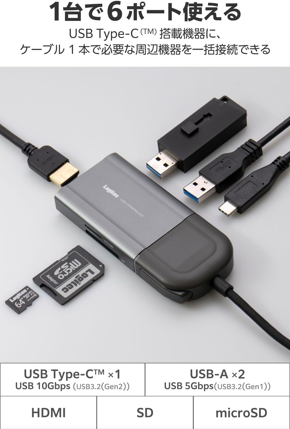 Logitec ロジテック HDMI ON/OFF機能搭載 ドッキングステーション 6in1モデル LHB-PMP6U3SS (USB Type-C Type-A SD microSD USB Power Delivery)