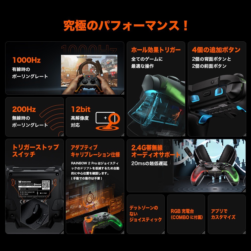BIGBIG WON RAINBOW2 Pro combo 無線 有線ゲームコントローラー (Switch Windows PC iPhone Android Bluetooth 2.4GHz USB-C ターボ マクロ ジャイロ 1年間保証)