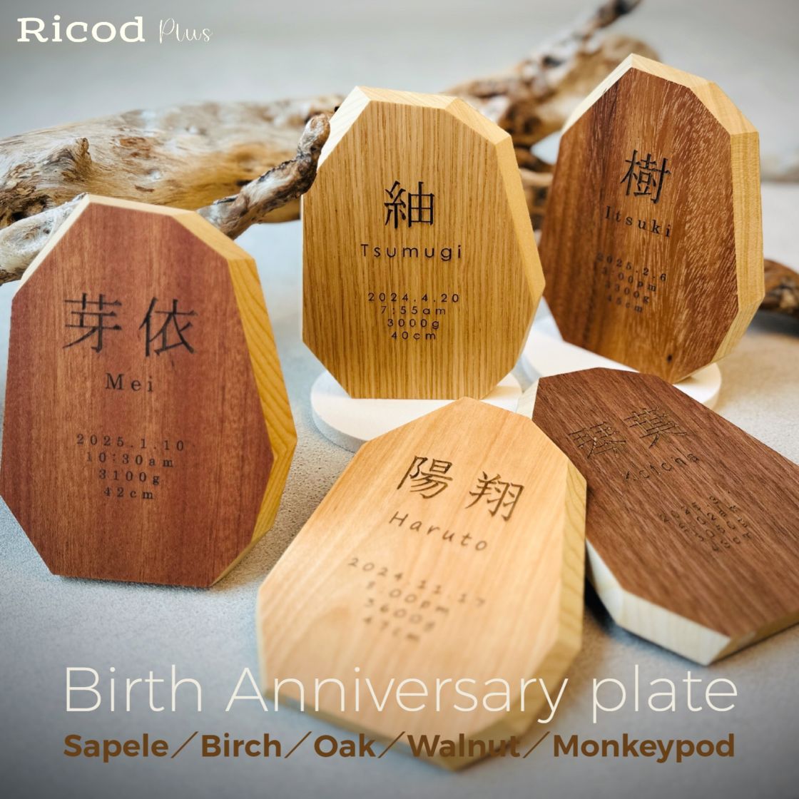 『生誕記念プレート 命名書』　Sapele／Birch／Oak／Walnut／Monkeypod