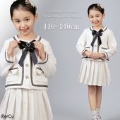 RerCu 女の子スーツセット ブラックリボン付きツイード風ジャケット×プリーツスカートの清楚なフォーマルセット