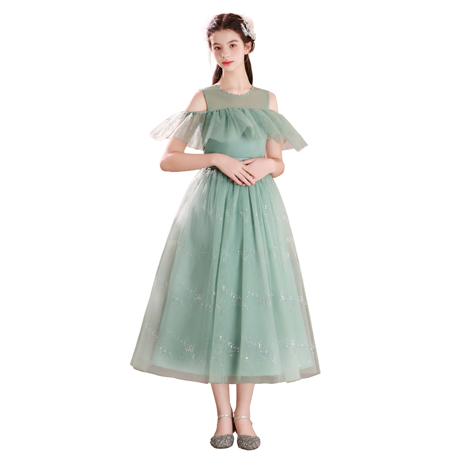 RerCu 子供ドレス レインボーラメ×肩開きデザインのロング丈オフショル