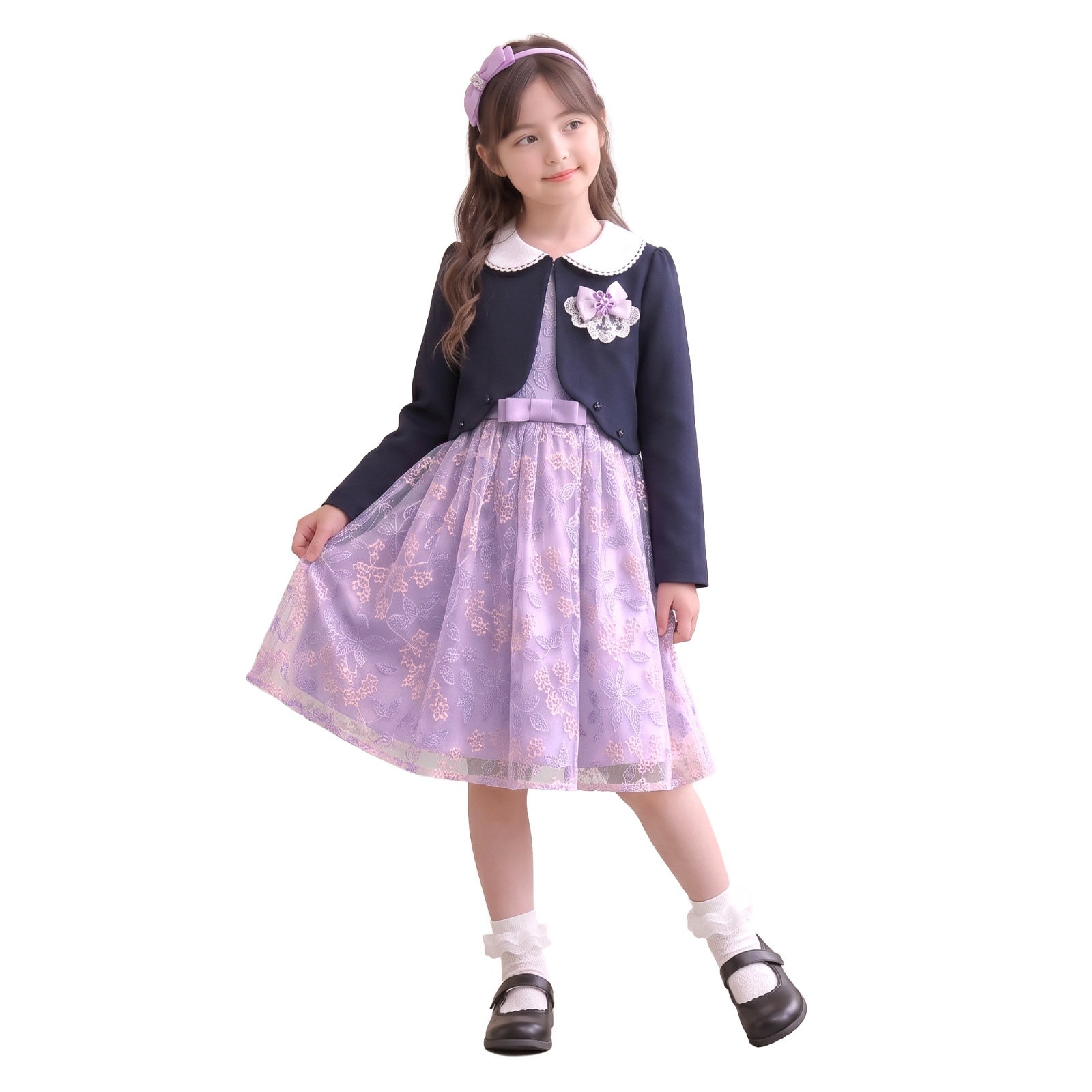 花柄パープル　女の子フォーマル 130 入学 結婚式 お呼ばれ 発表会 リリーナ 入学式 スーツ 女の子 子供 フォーマル 3点セット ボレロ