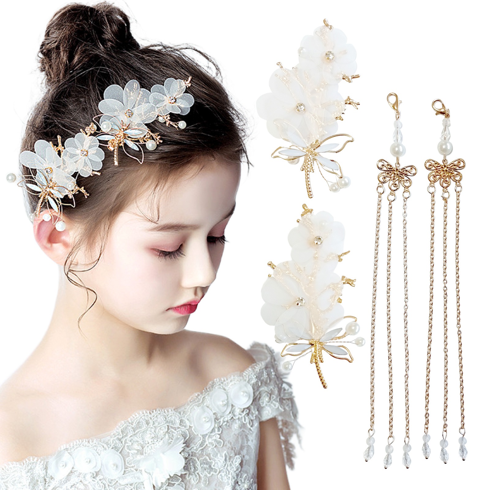 リリーナ ヘアクリップ ロングチェーンセット 女の子 白花 蝶 パール