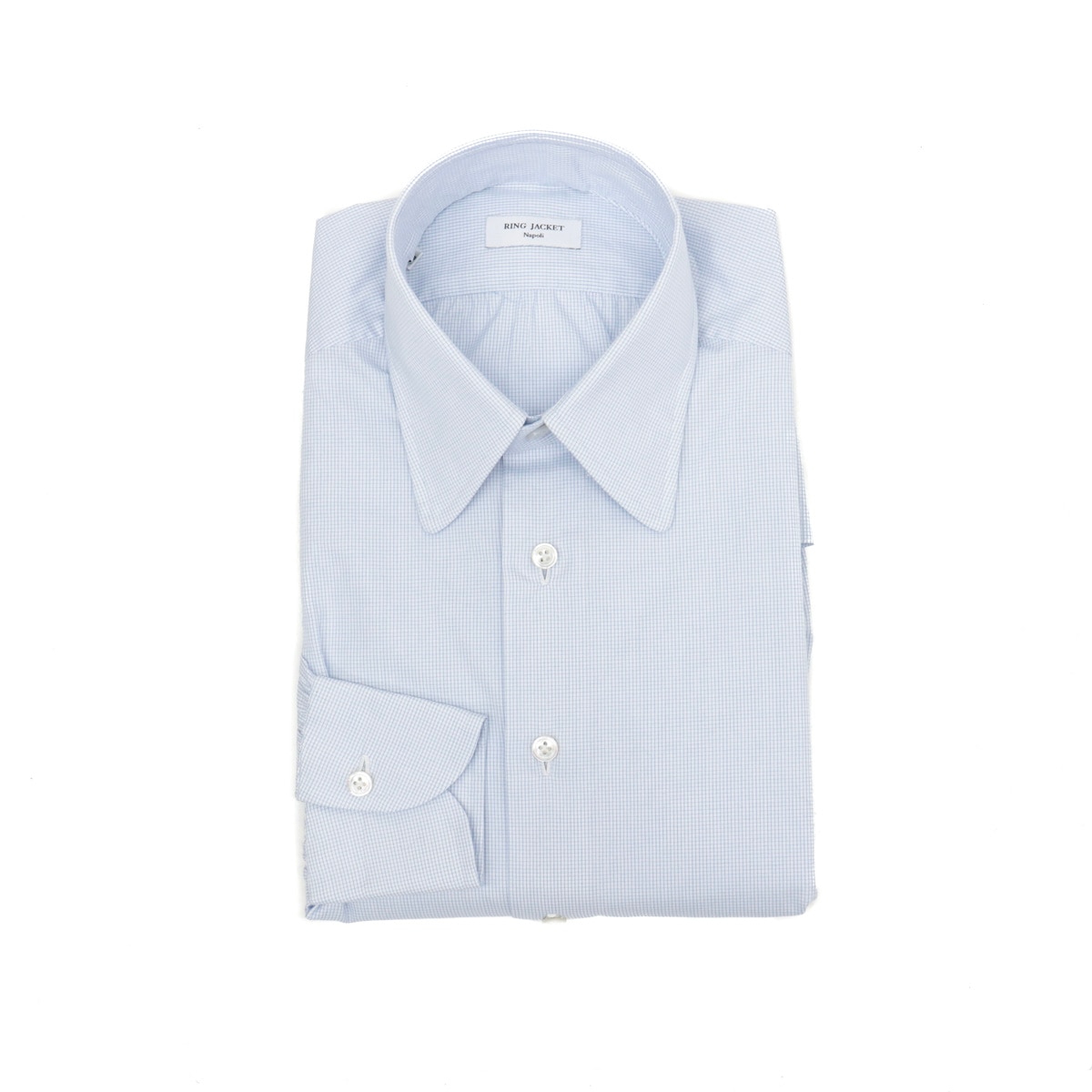 RING JACKET Napoli 9ポイントハンド ラウンドカラー シャツ 【マイクロチェック / サックスブルー】