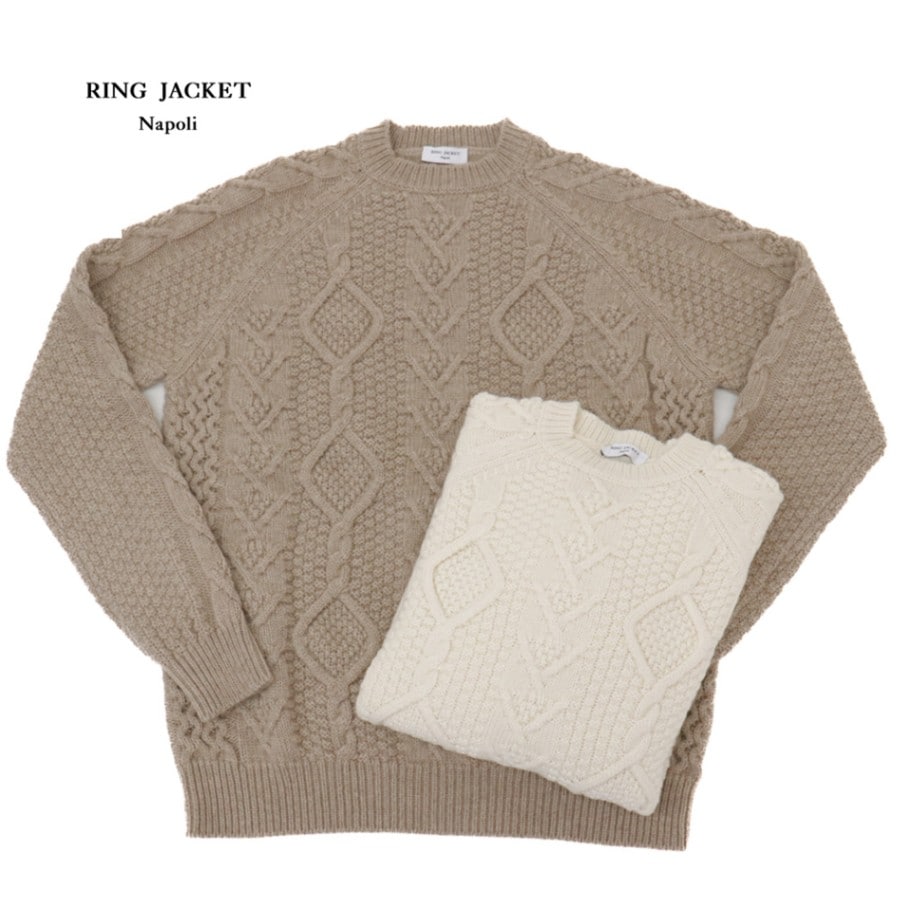 RING JACKET Napoli リングヂャケットナポリ カシミヤ 4PLY アランクルーネックニット【ベージュ・ホワイト】