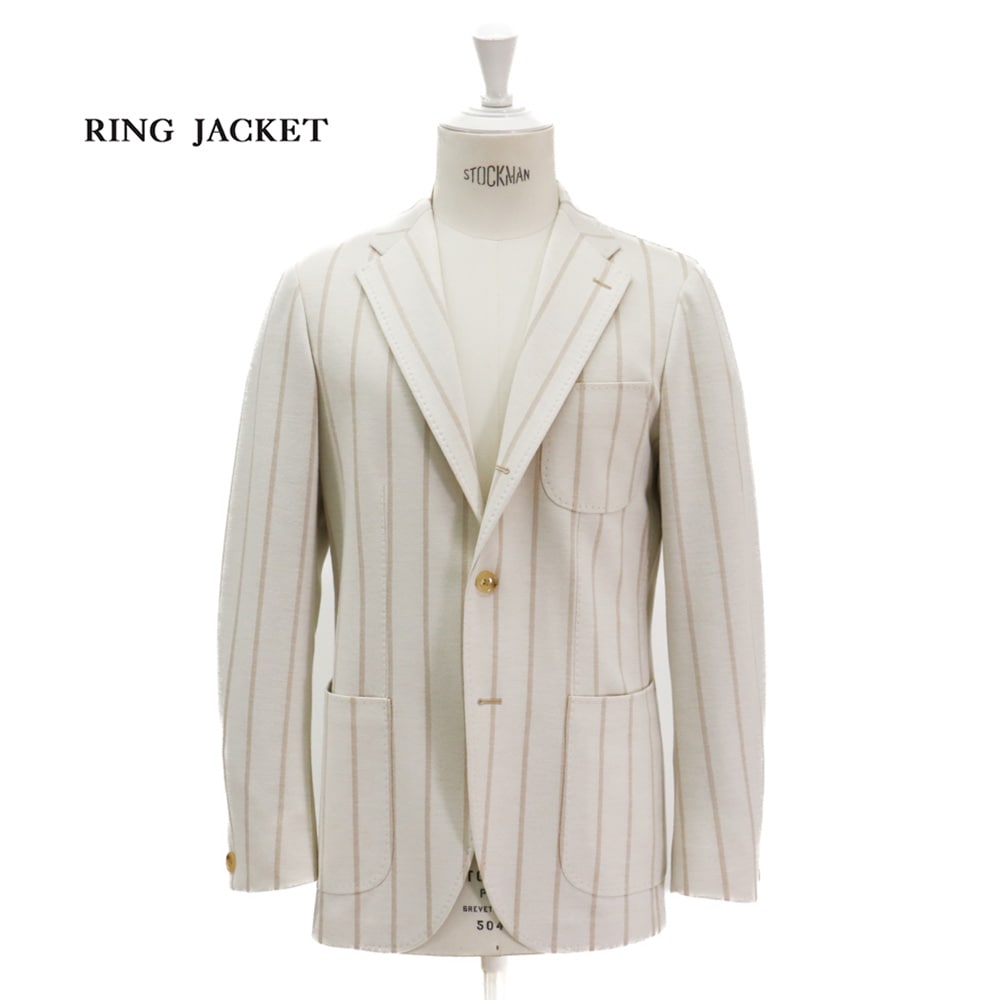 RING JACKETウール・コットン3Bジャージージャケット【ホワイト×ベージュ/ストライプ】 Model NO-297