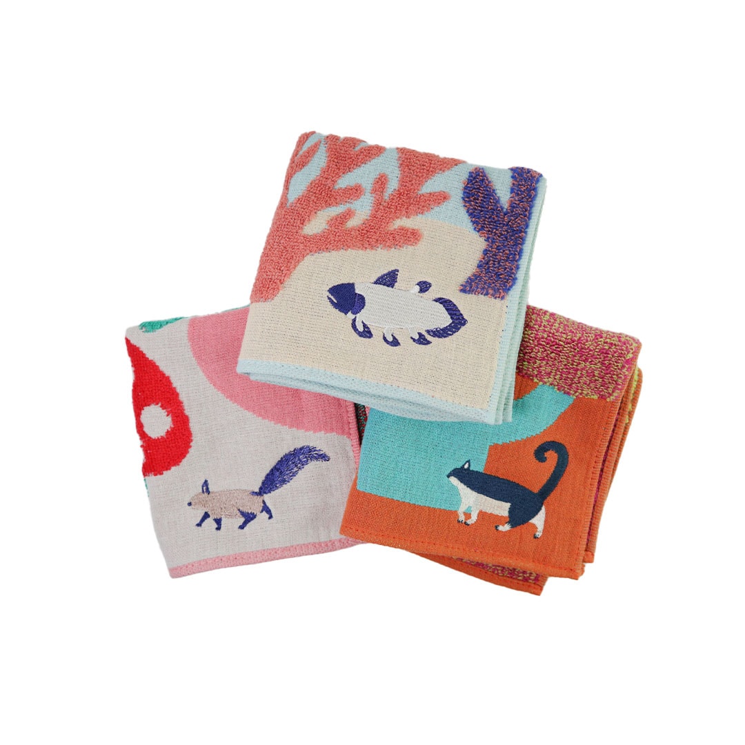 ガーゼパイルハンカチ ( ネコ / リス / シーラカンス )
