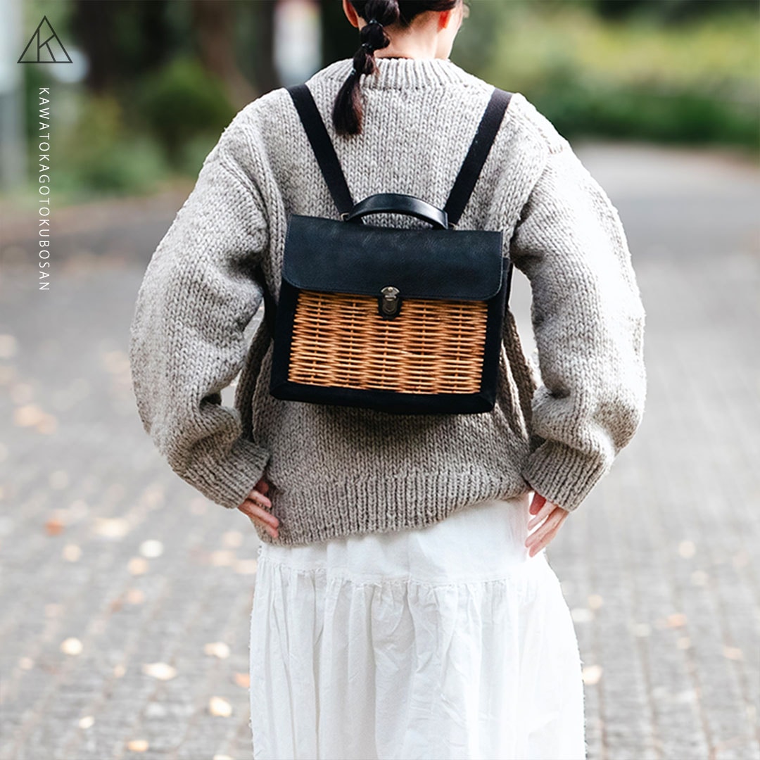 (売切れ)3wayで使える革とカゴのリュック【革とカゴとクボさん】