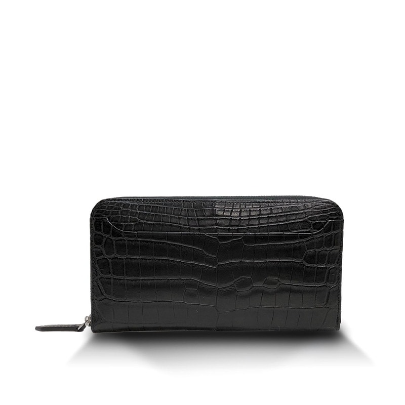 クロコダイル　マット　スリムラウンドウォレット　ブラック