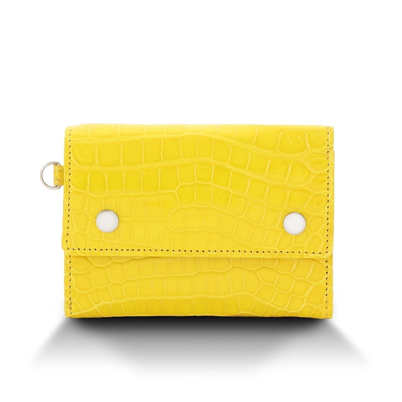 クロコダイル　ツヤ　コンパクトウォレット　イエロー