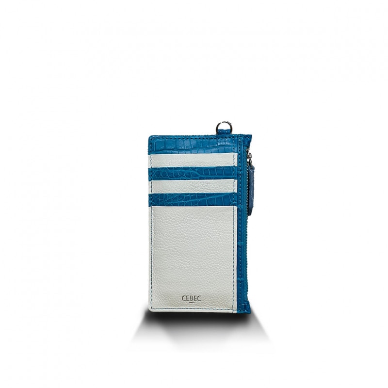 クロコダイル・マット×牛　カードケース　ターコイズ×ホワイト