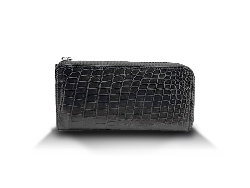 クロコダイル　マット　L字ラウンドウォレット　ブラック