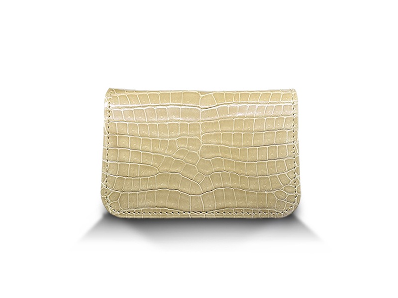 クロコダイル　ツヤ　ビジネスカードケース　パールベージュ×イエロー