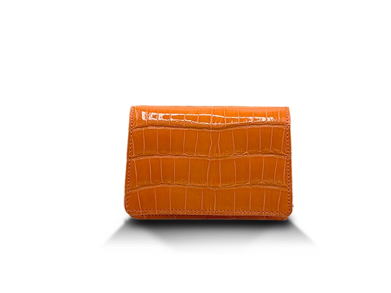 クロコダイル　ツヤ　巾広マチビジネスカードケース　オレンジ