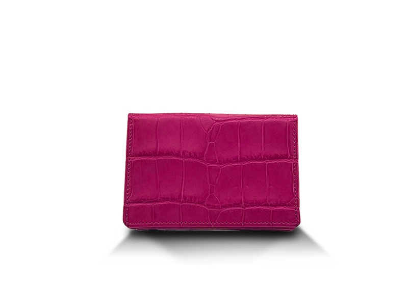 クロコダイル　マット　巾広マチビジネスカードケース　ホットピンク