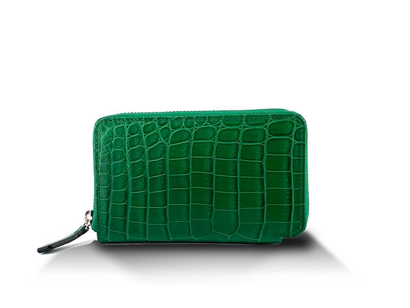 クロコダイル　マット　ハンディーウォレット　エメラルドグリーン×サーモンピンク
