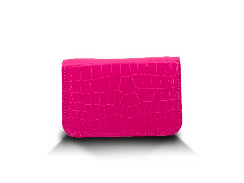 クロコダイル　マット　ビジネスカードケース　ネオンピンク