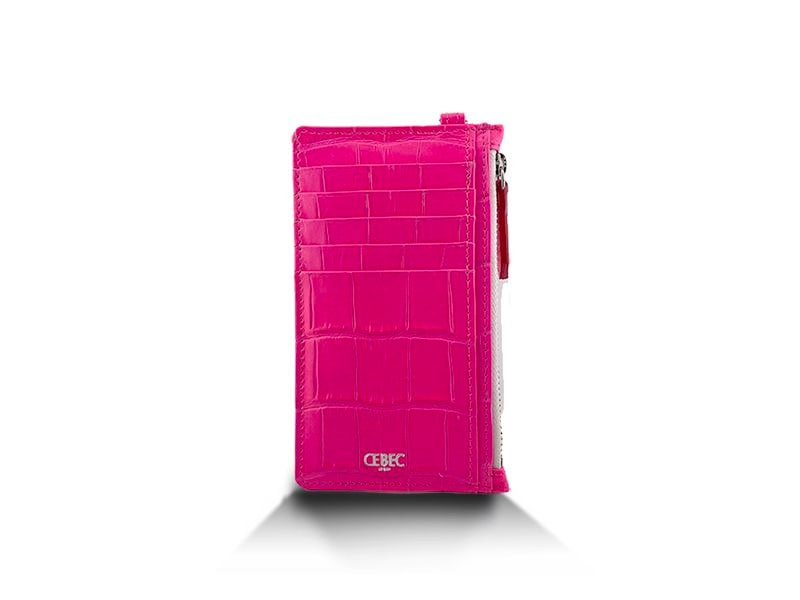 クロコダイル　マット　カードケース　ネオンピンク