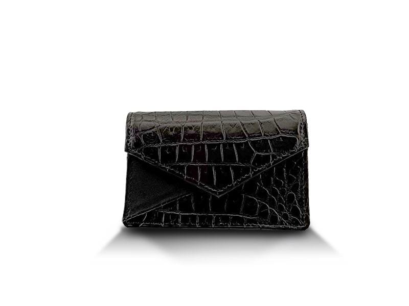 クロコダイルマット×牛　バイカラービジネスカードケース　ブラック×ブラック