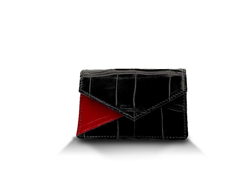 クロコダイルマット×牛　バイカラービジネスカードケース　ブラック×レッド