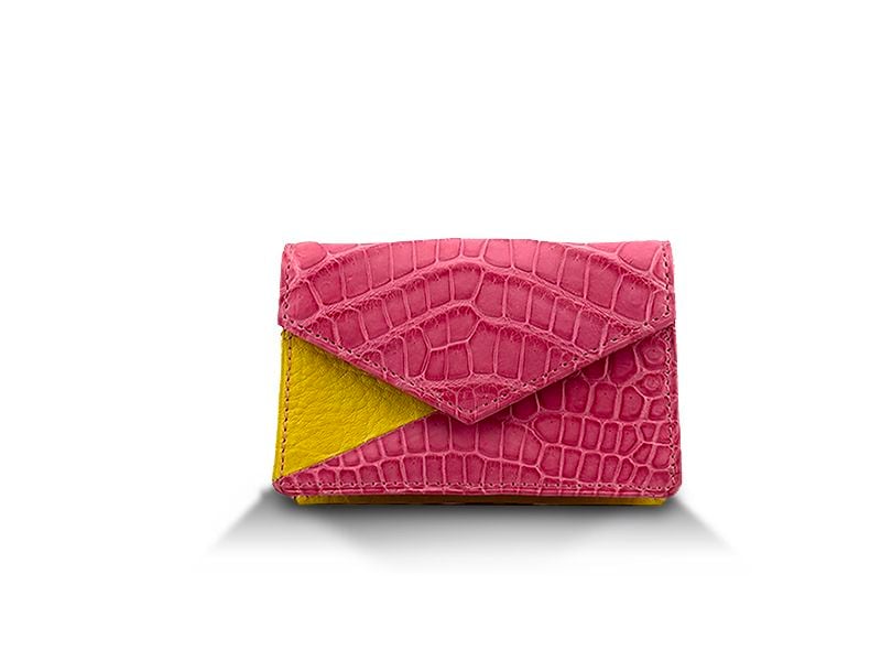 クロコダイルマット×牛　バイカラービジネスカードケース　ピンク×イエロー
