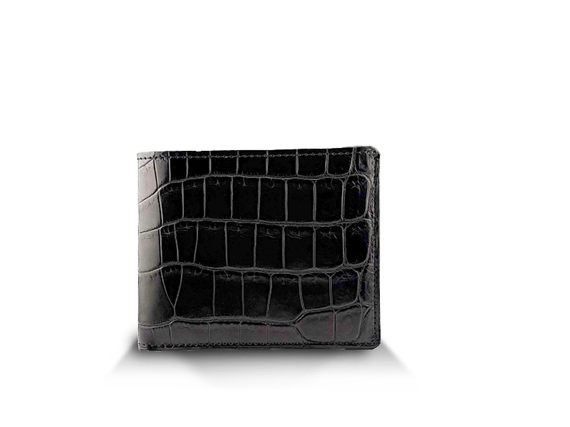 クロコダイル　マット　二つ折れウォレット　ブラック